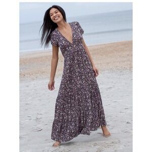 Natural Life Evangeline Cottage Core Maxi Dress in Gray and Pink Floral - Small